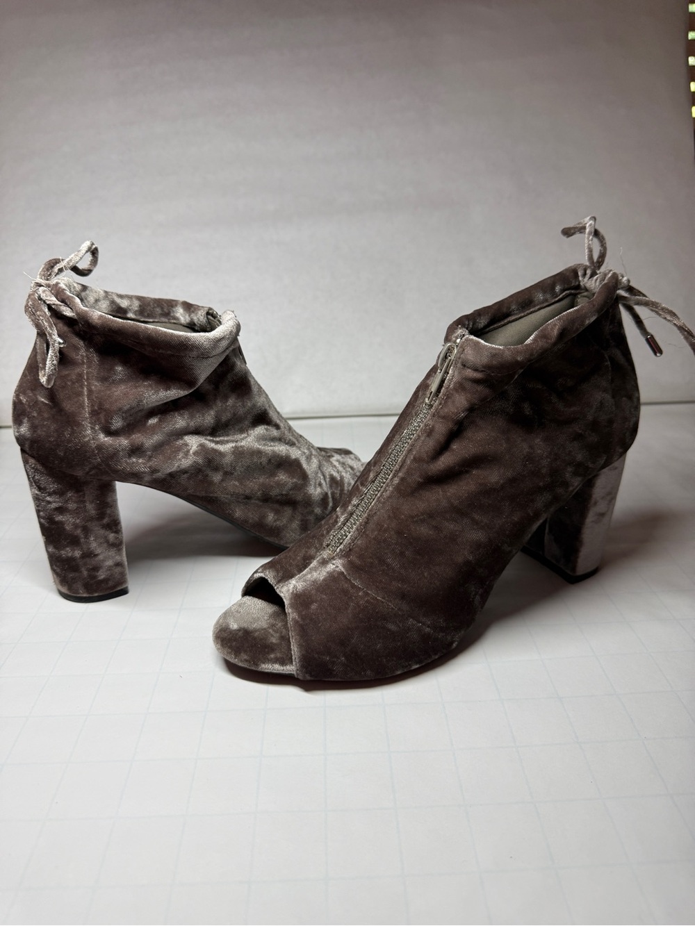 Velvet Peep-Toe Ankle Boots - Taupe